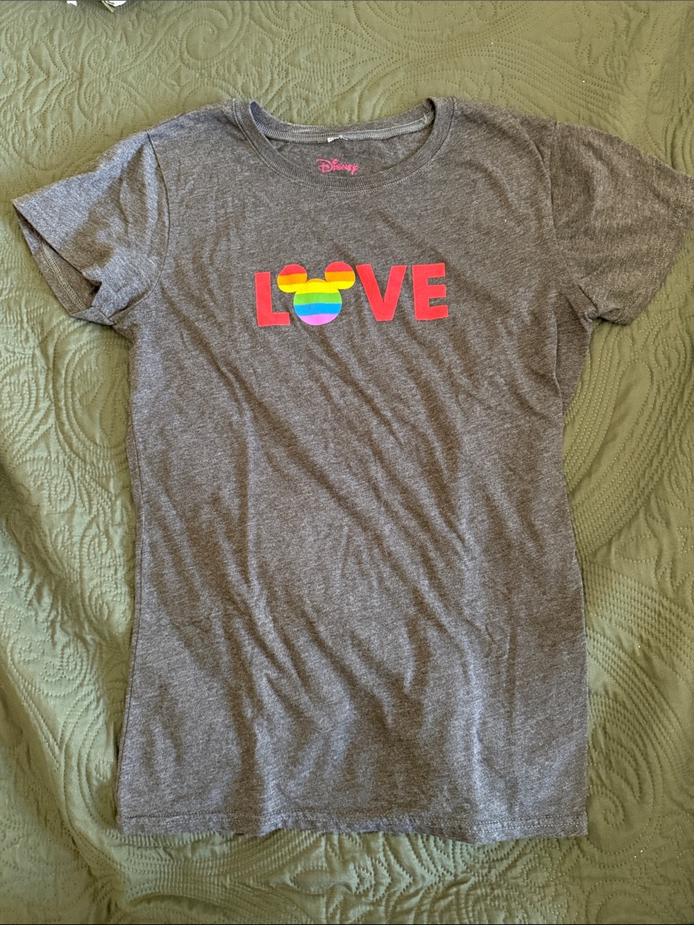 Disney Gray Tee with Rainbow Mickey LOVE Graphic